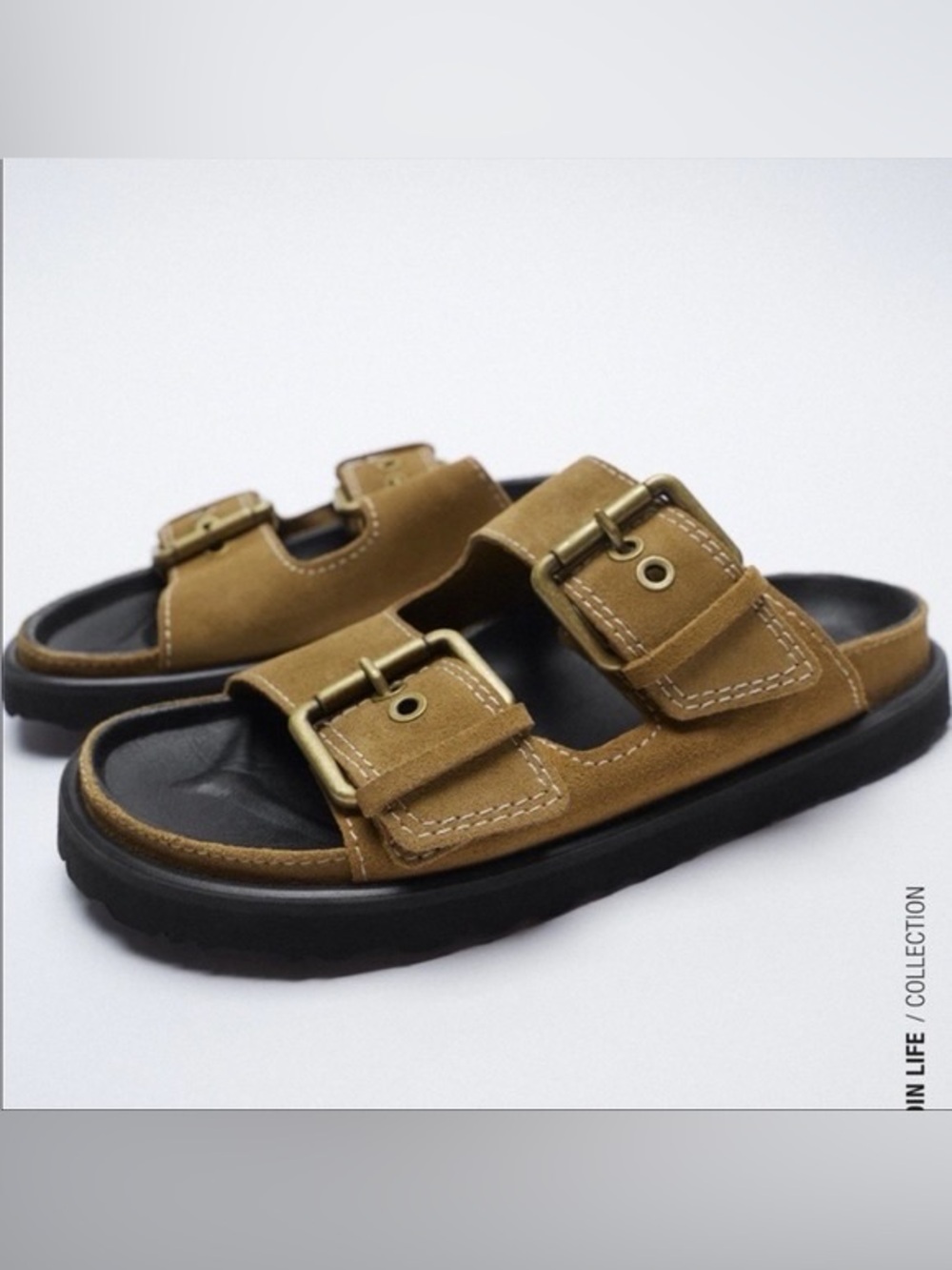 Zara Tan Suede Leather Dad Buckle Slide Sandals Size 39 9
